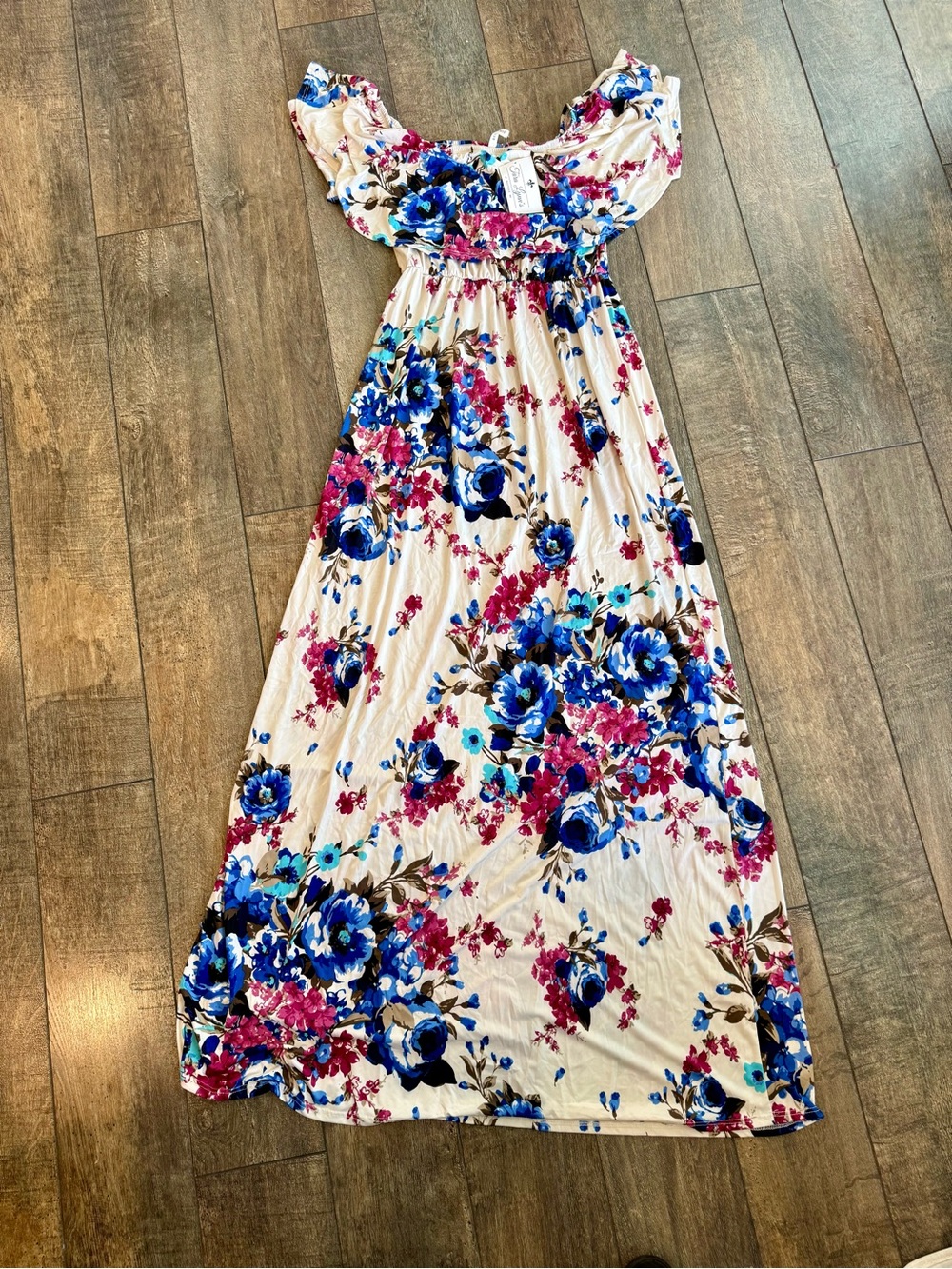 Bellamie Cream Maxi Dress with Blue and Pink Floral Print